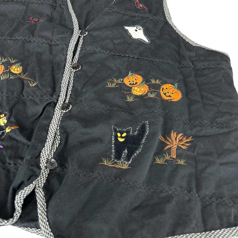 Vintage Womens Vest Size 1X Black Halloween Pumpkins Ghost Cat Witch Embroidered - Picture 3 of 12